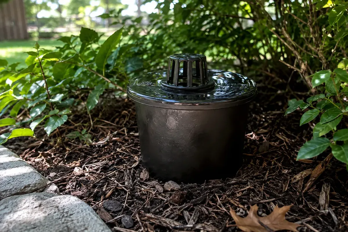 Mosquito bait station placed in a landscaped bed. Mosquito Control Articles.