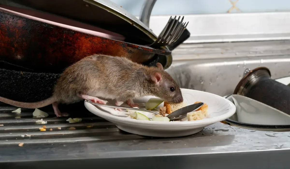 Rat eating leftovers from a plate in a kitchen sink. Rodent Control Articles.